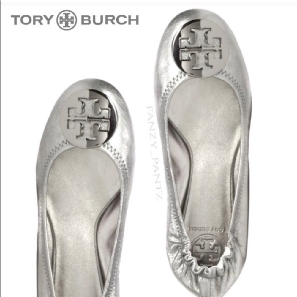 TORY BURCH SIGNATURE REVA BALLET FLATS METALLIC SILVER